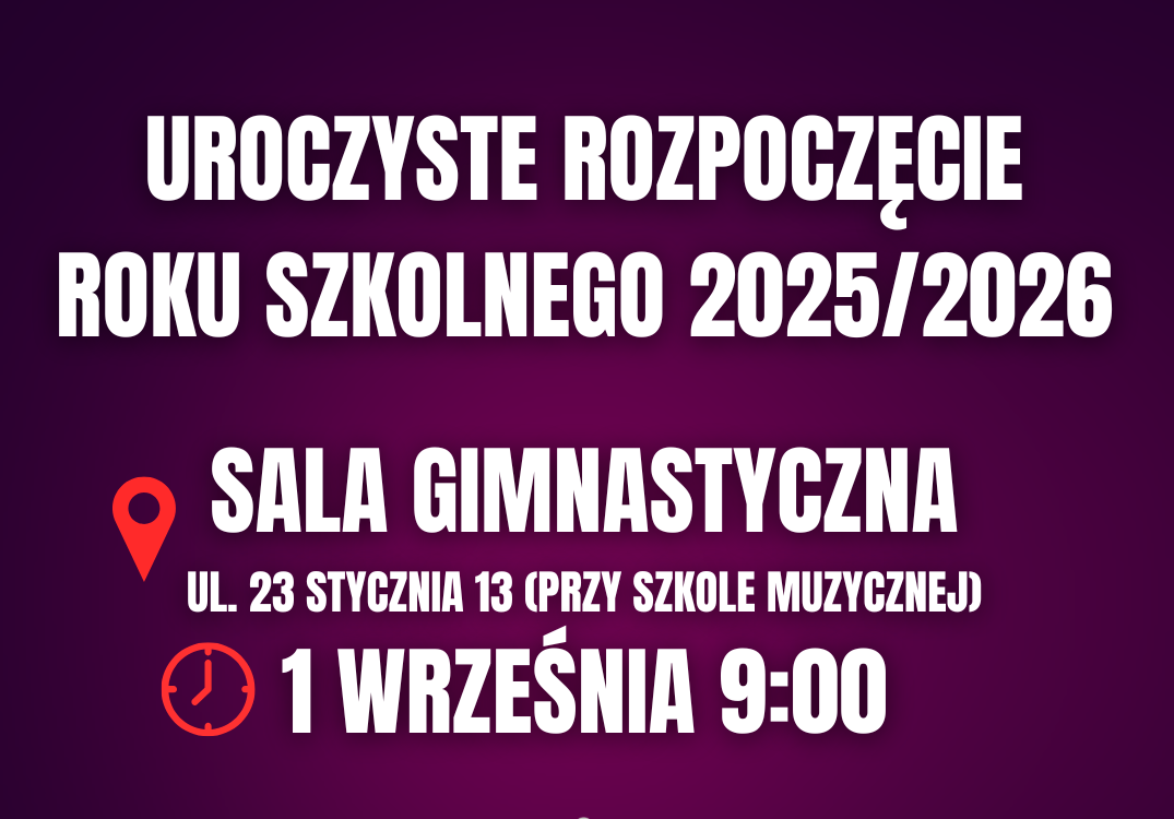 Plakat informujący o rozpoczęciu roku szkolnego 2025/2026, 1 września o 9:00 w sali gimnastycznej.