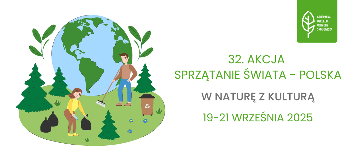 Dwie osoby sprzątają las, w tle globus, obok informacje o akcji Sprzątanie Świata Polska 2025.