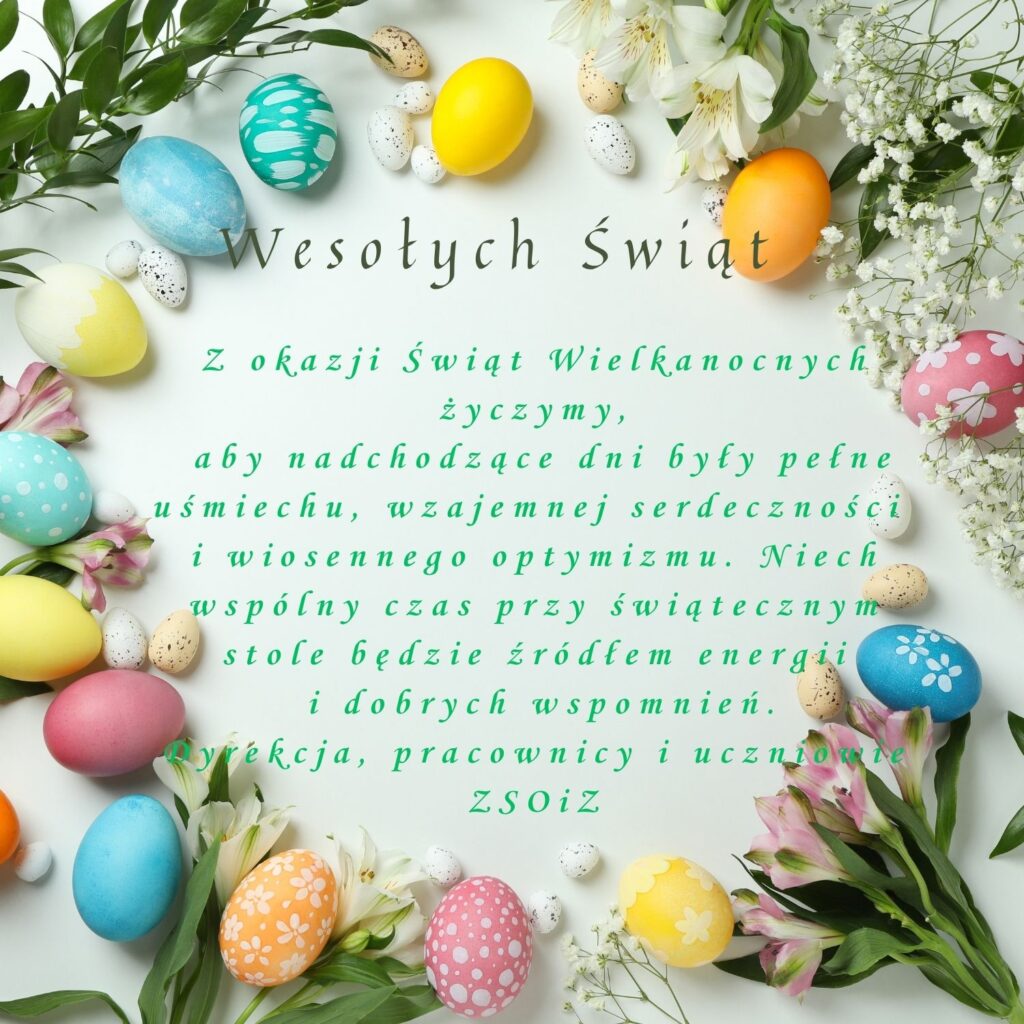 Kolorowe pisanki, kwiaty i życzenia wielkanocne na białym tle, napis „Wesołych Świąt”.