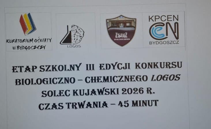 Plakat informujący o szkolnym etapie konkursu biologiczno-chemicznego w Solcu Kujawskim w 2026 roku.