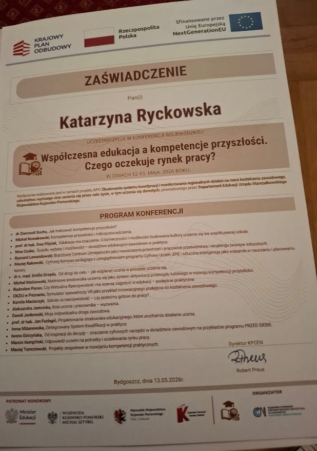 Zaświadczenie udziału Katarzyny Ryckowskiej w konferencji o edukacji i kompetencjach przyszłości.